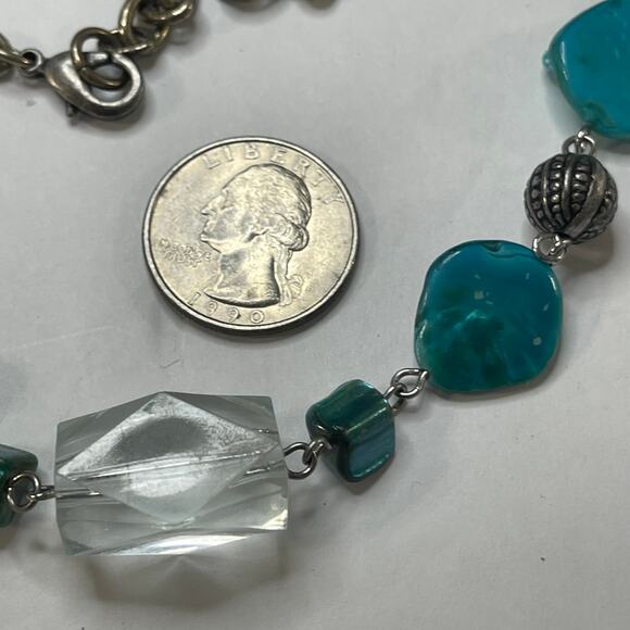 silver tone beaded necklace faux dyed mother of pearl MOP blue turquoise teal - Picture 5 of 12